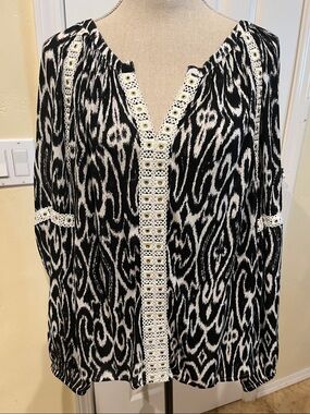 I.N.C. Black and White Printed Top with Crochet/Grommet Trim